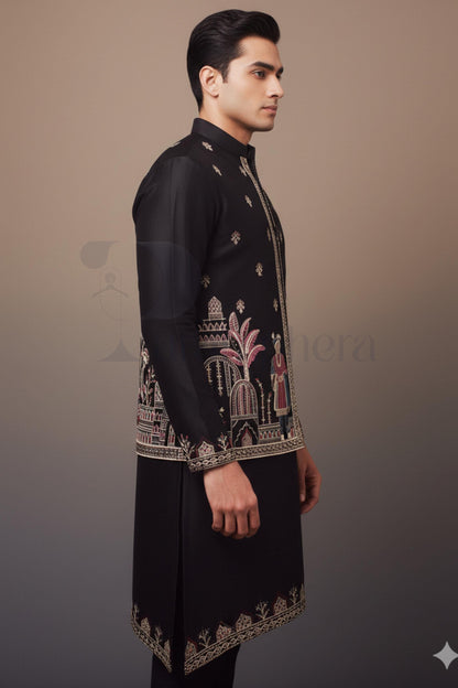 Black Kurta Pajama with Embroidered Nehru Jacket | Indian Wedding Outfit