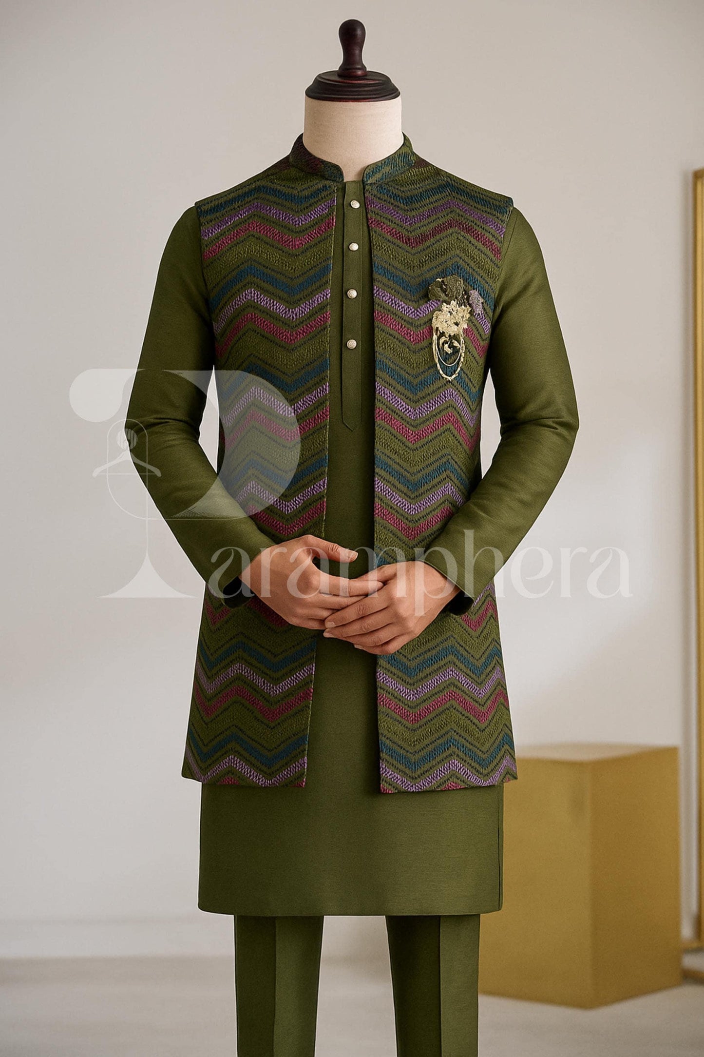 Embroidered Art Silk Nehru Jacket Kurta Pajama Set | Indian Wedding Outfit