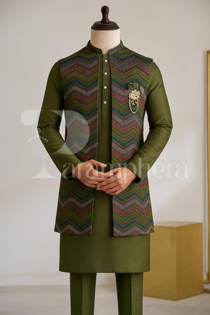 Embroidered Art Silk Nehru Jacket Kurta Pajama Set | Indian Wedding Outfit