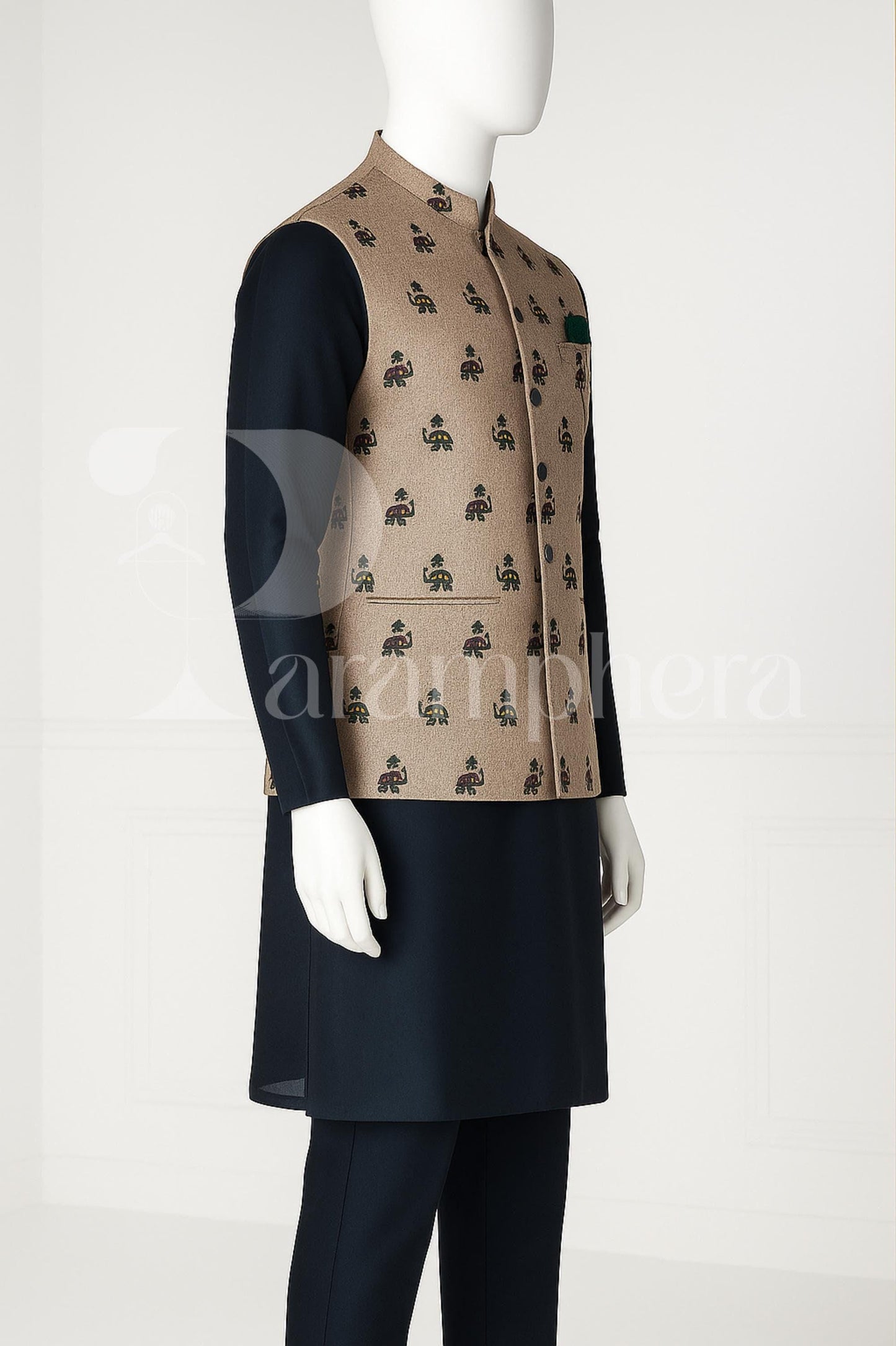 Mens Kurta Pajama Set with Elephant Print Nehru Jacket | Handmade Indian Wedding Outfit