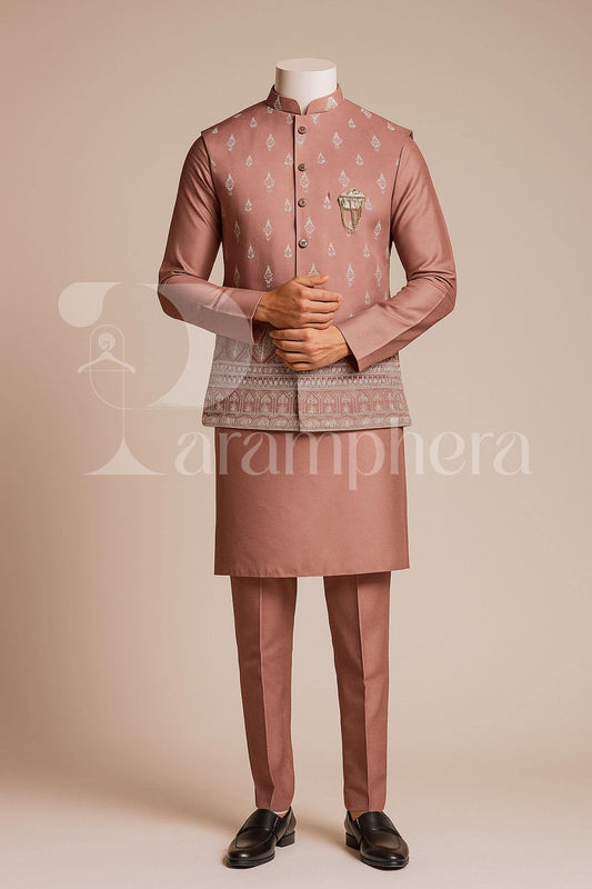 Dusty Rose Kurta Pajama with Embroidered Nehru Jacket | Indian Wedding Outfit