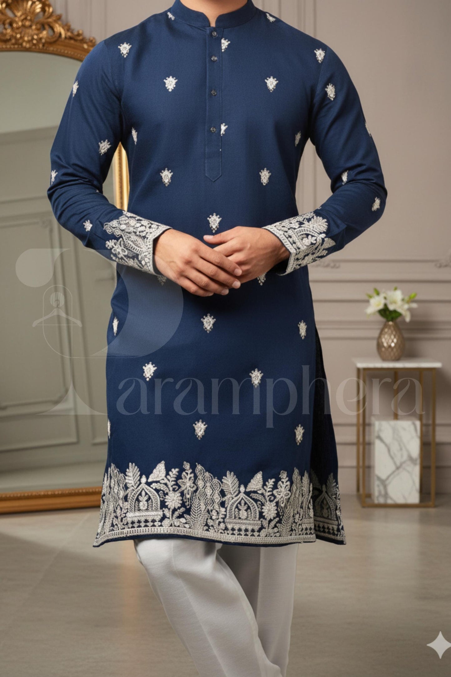 Navy Embroidered Cotton Kurta: Luxury Mens Ethnic Wedding Wear