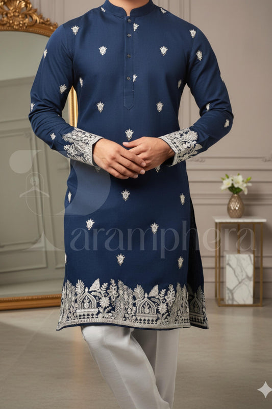 Navy Embroidered Cotton Kurta: Luxury Mens Ethnic Wedding Wear