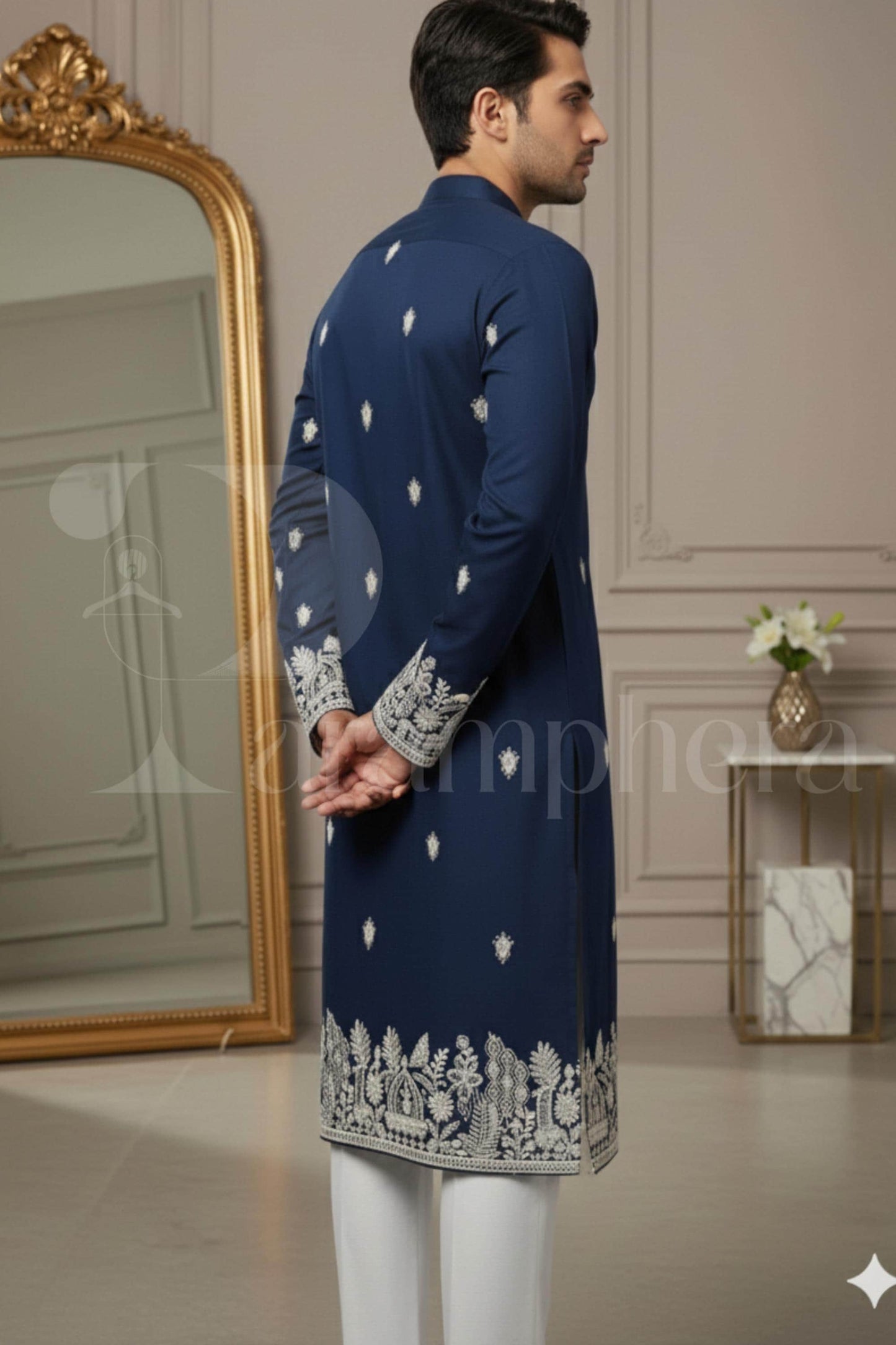 Navy Embroidered Cotton Kurta: Luxury Mens Ethnic Wedding Wear