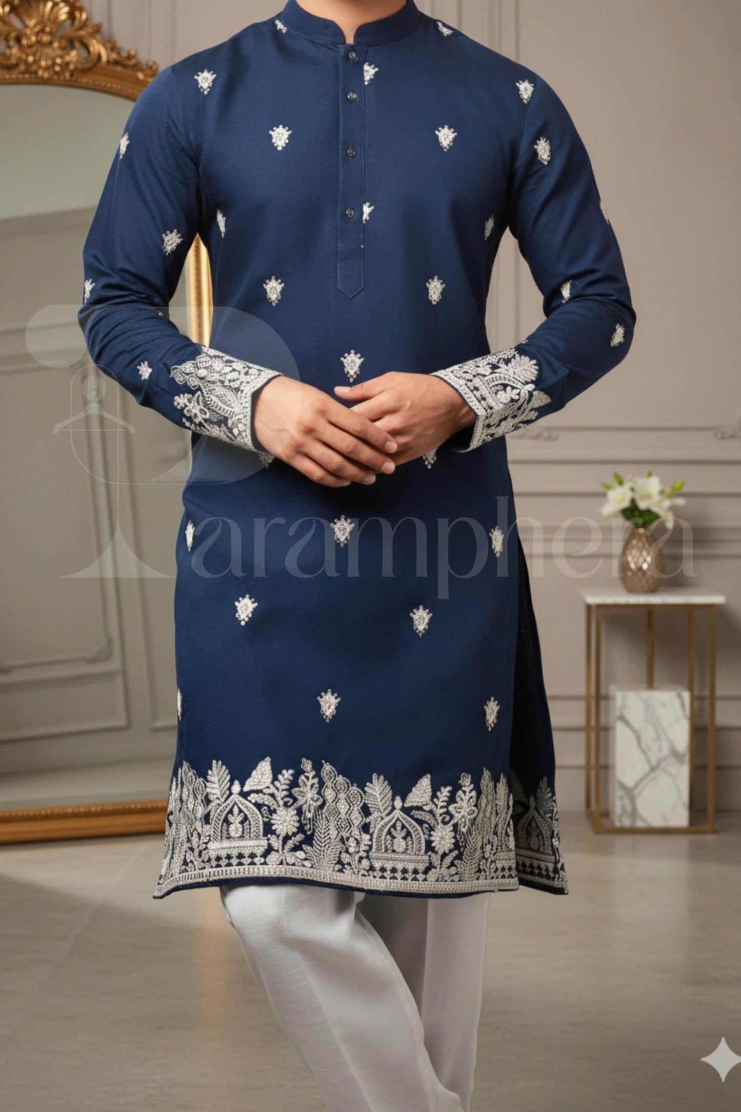 Navy Embroidered Cotton Kurta: Luxury Mens Ethnic Wedding Wear