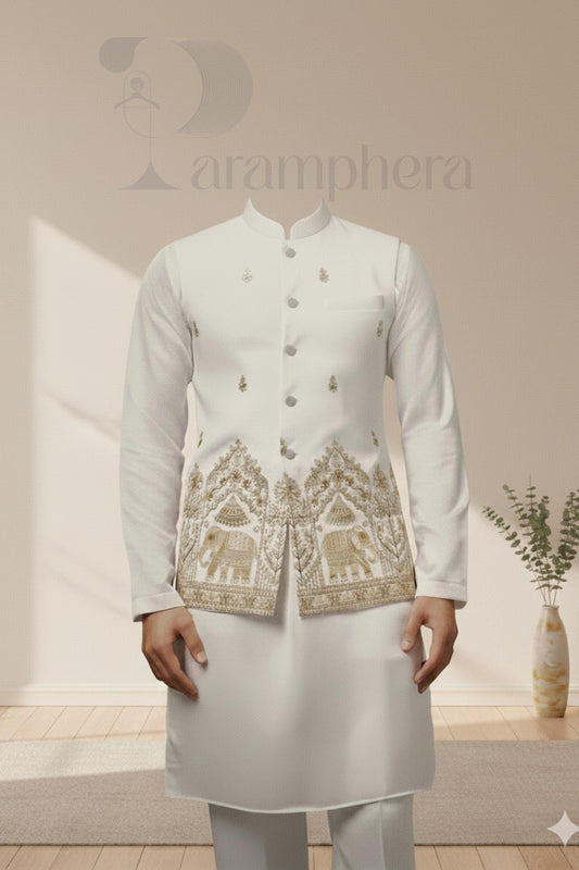 Embroidered Ivory Nehru Jacket Kurta Set | Indian Wedding Outfit