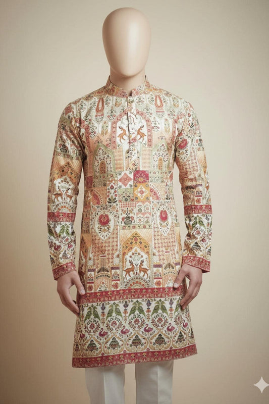 Handcrafted Floral Print Kurta Pajama Set: Indian Ethnic Menswear