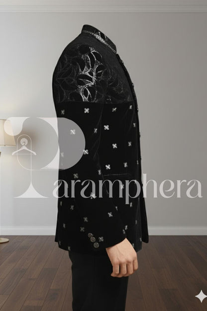 Luxury Embroidered Velvet Bandhgala Jacket: Indo-Western Wedding Coat