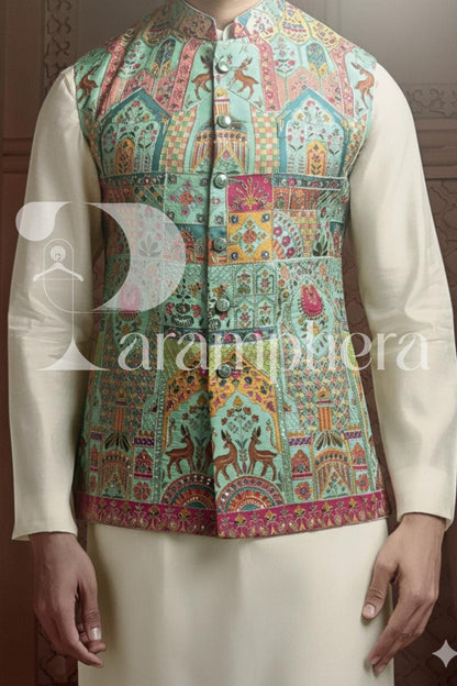 Pastel Printed Nehru Jacket: Bespoke Indian Wedding Waistcoat