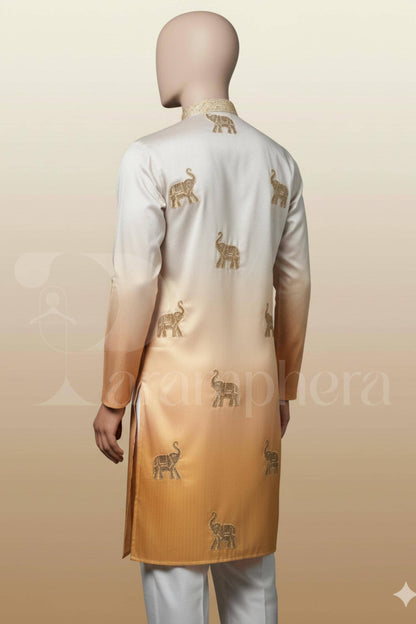 Gold Silk Kurta: Elephant Embroidery, Luxury Wedding Outfit