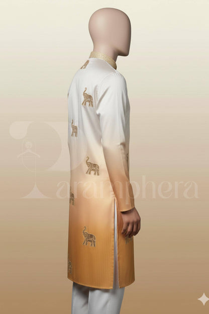 Gold Silk Kurta: Elephant Embroidery, Luxury Wedding Outfit