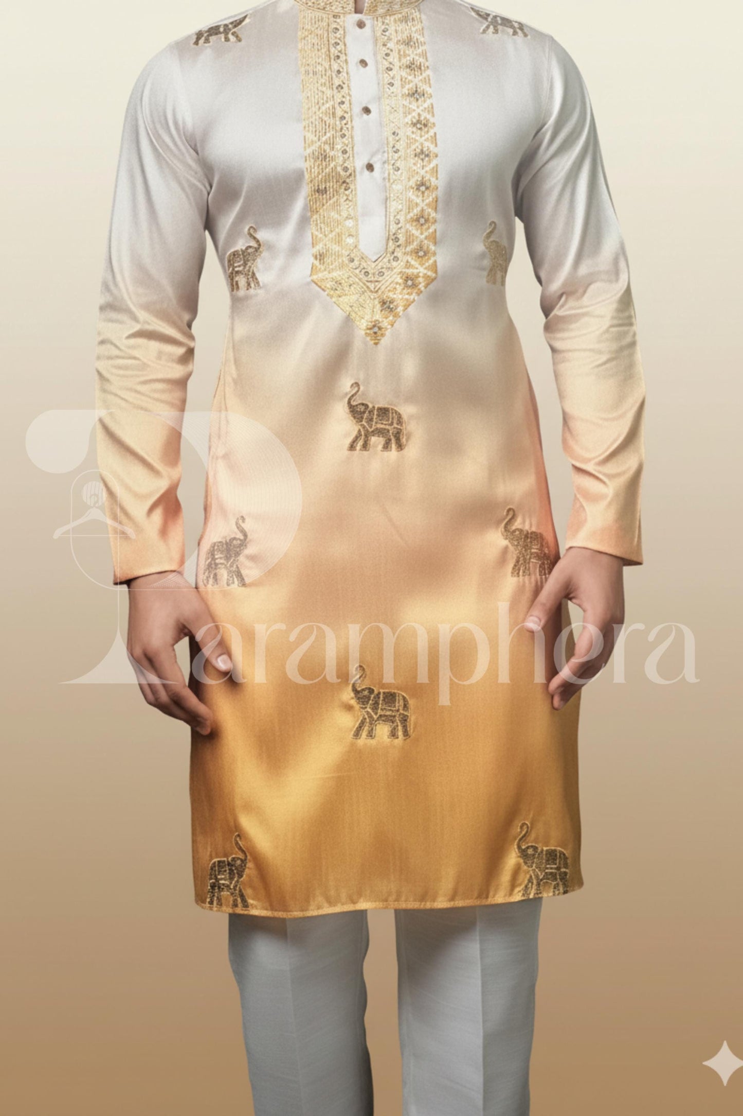 Gold Silk Kurta: Elephant Embroidery, Luxury Wedding Outfit