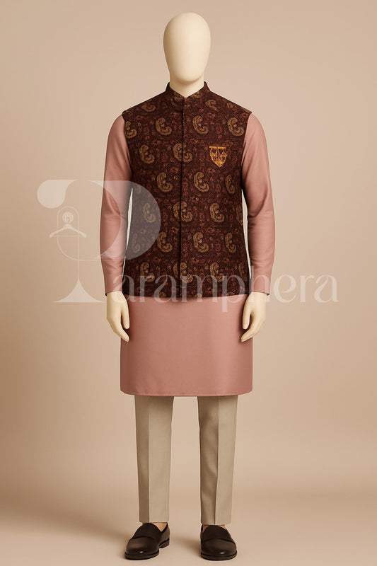Men's Kurta Pajama with Paisley Nehru Jacket: Indo Western Wedding Outfit