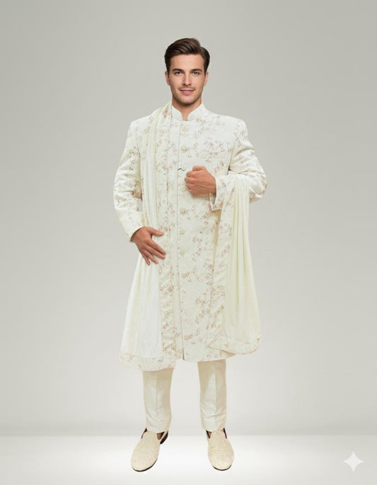 Ivory Floral Sherwani Set for Groom  Nehru Collar, Stole & Churidar  Made-to-Measure | Ships Worldwide