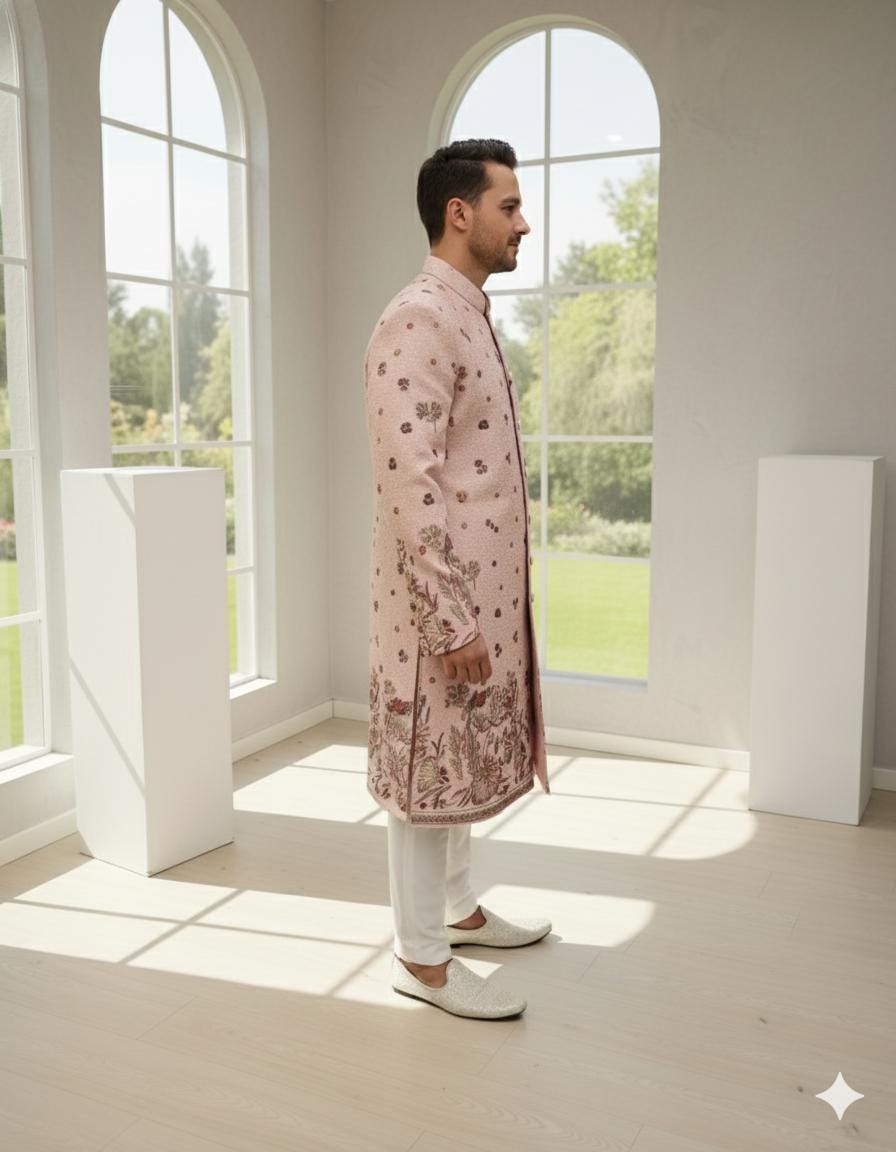 Pastel Pink Velvet Sherwani Set: Embroidered Indian Wedding Outfit