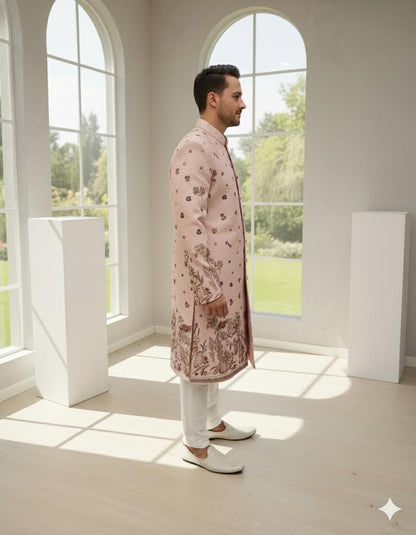 Pastel Pink Velvet Sherwani Set: Embroidered Indian Wedding Outfit
