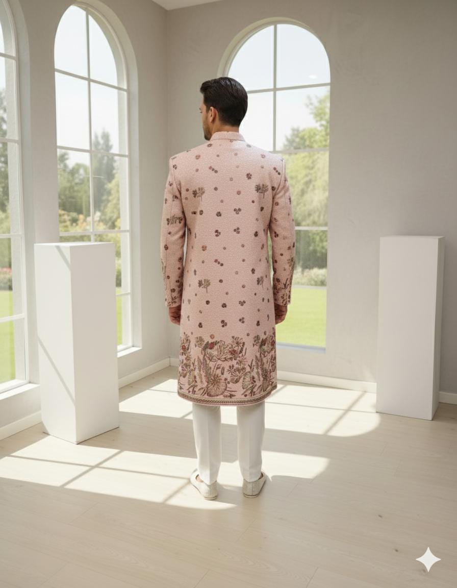 Pastel Pink Velvet Sherwani Set: Embroidered Indian Wedding Outfit