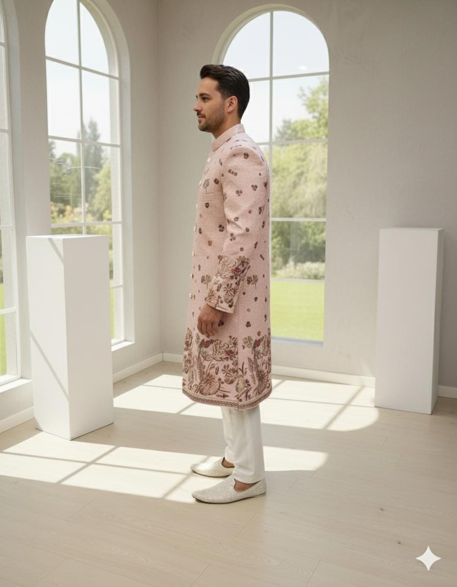 Pastel Pink Velvet Sherwani Set: Embroidered Indian Wedding Outfit