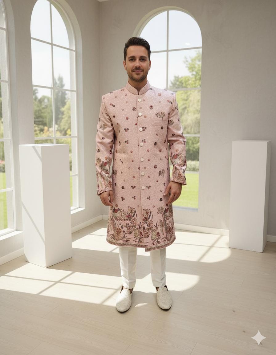 Pastel Pink Velvet Sherwani Set: Embroidered Indian Wedding Outfit