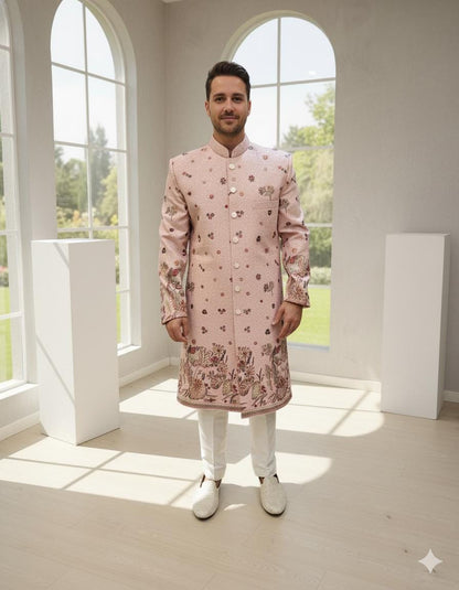 Pastel Pink Velvet Sherwani Set: Embroidered Indian Wedding Outfit
