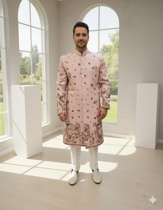Pastel Pink Velvet Sherwani Set: Embroidered Indian Wedding Outfit