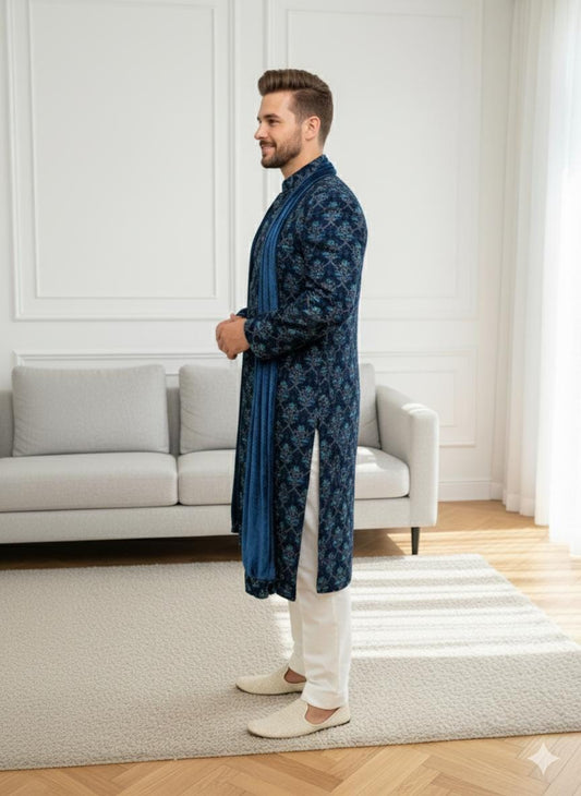 Rama Green Velvet Sherwani Set: Embroidered Indian Wedding Outfit