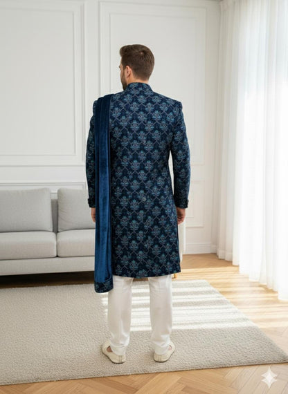 Rama Green Velvet Sherwani Set: Embroidered Indian Wedding Outfit