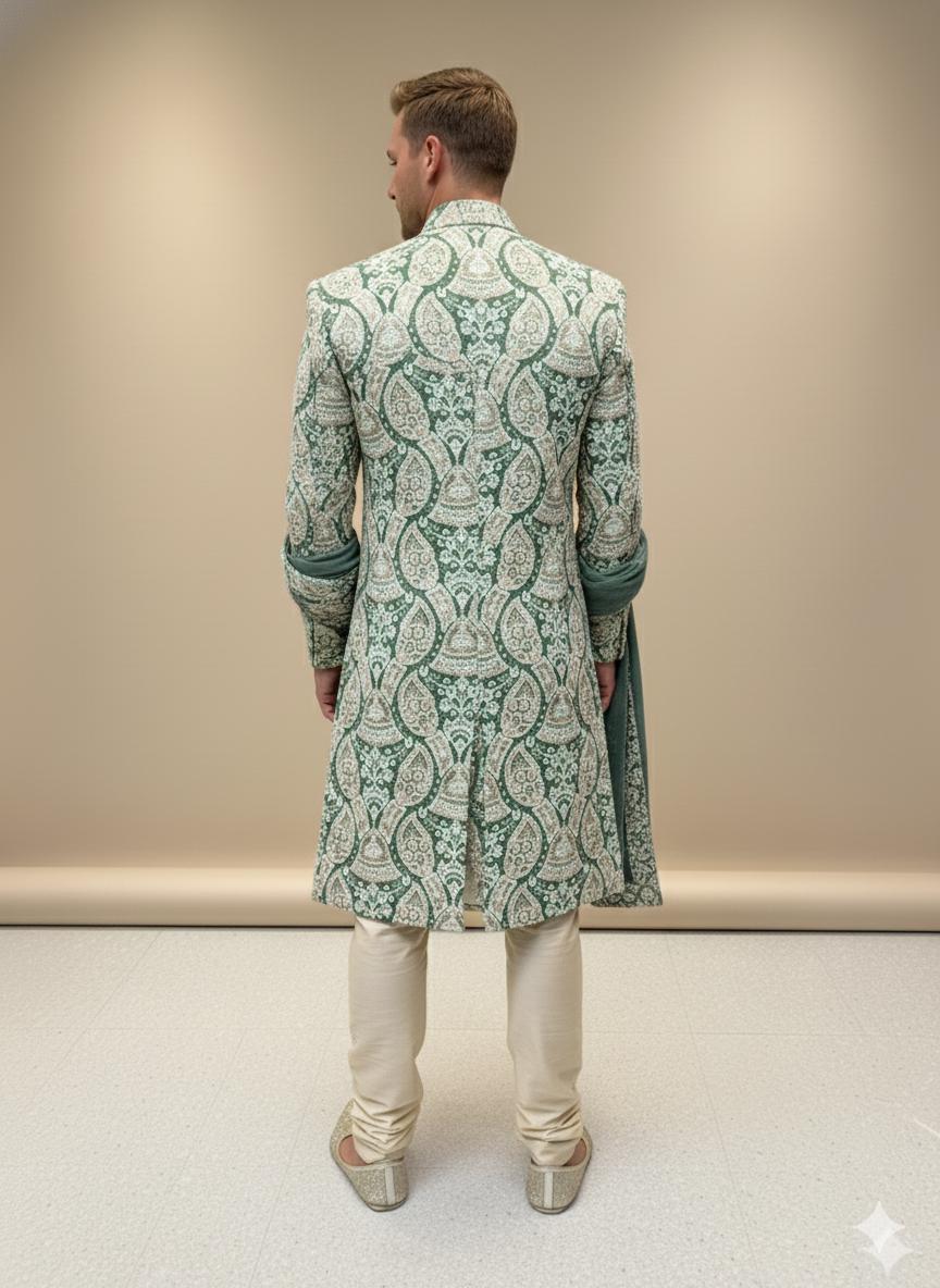 Embroidered Green Silk Blend Sherwani Set: Indian Wedding Outfit