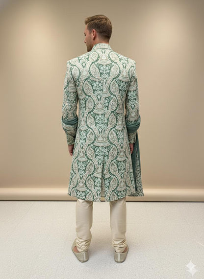 Embroidered Green Silk Blend Sherwani Set: Indian Wedding Outfit
