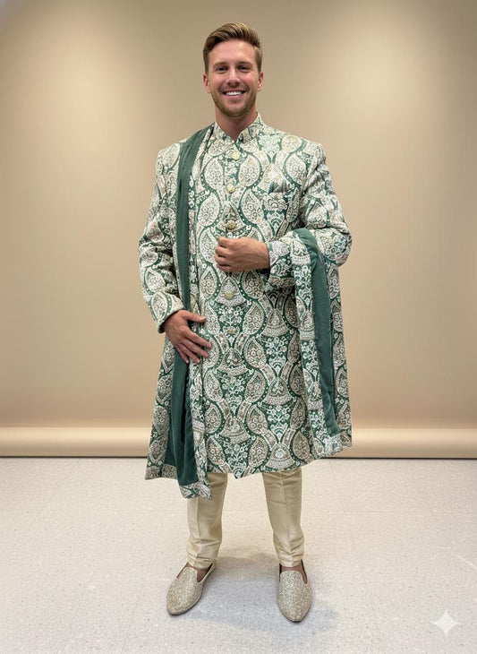 Embroidered Green Silk Blend Sherwani Set: Indian Wedding Outfit