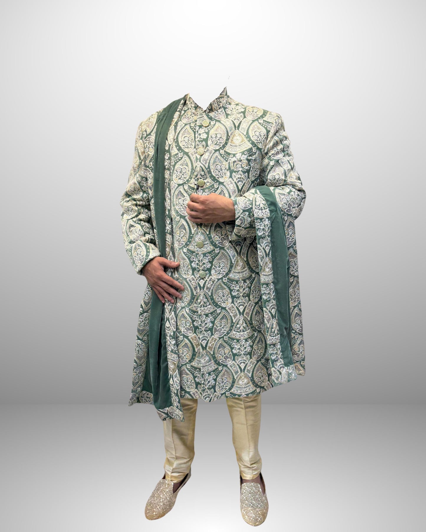 Embroidered Green Silk Blend Sherwani Set: Indian Wedding Outfit