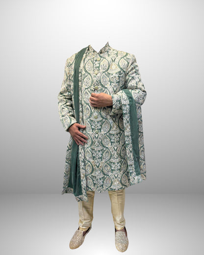 Embroidered Green Silk Blend Sherwani Set: Indian Wedding Outfit