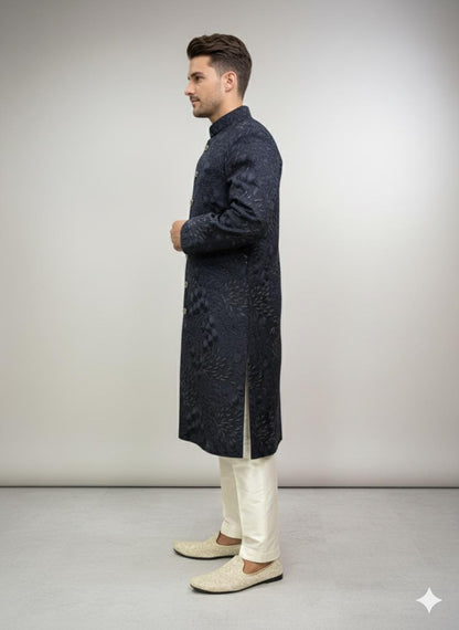 Mens Dark Blue Jacquard Sherwani: Luxury Indo Western Wedding Outfit