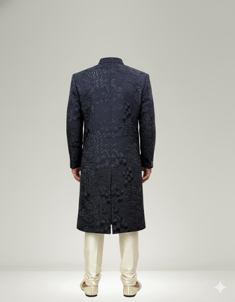 Mens Dark Blue Jacquard Sherwani: Luxury Indo Western Wedding Outfit