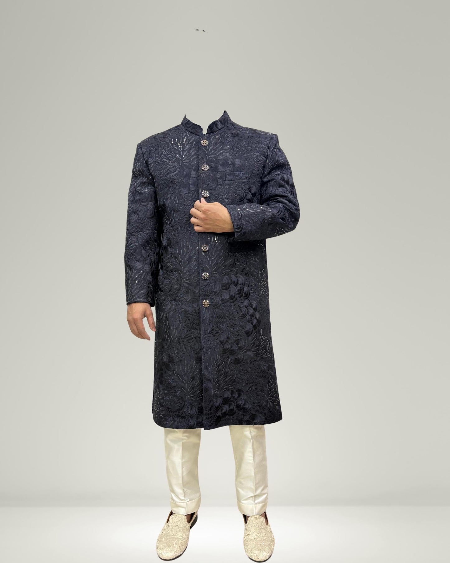 Mens Dark Blue Jacquard Sherwani: Luxury Indo Western Wedding Outfit