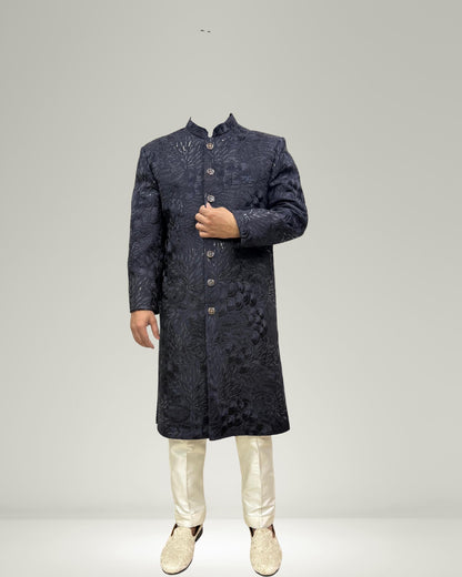 Mens Dark Blue Jacquard Sherwani: Luxury Indo Western Wedding Outfit