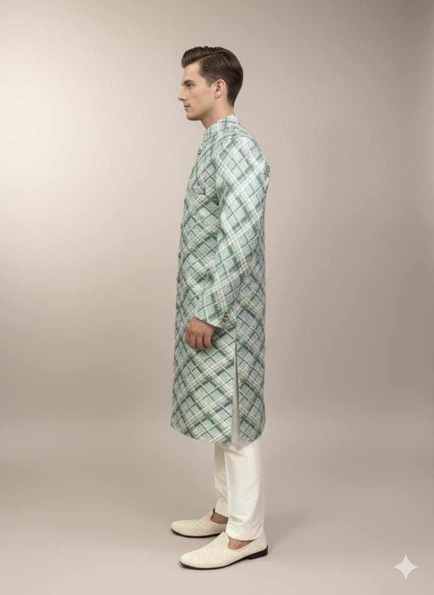 Green Check Silk Blend Sherwani Set: Indo Western Wedding Outfit