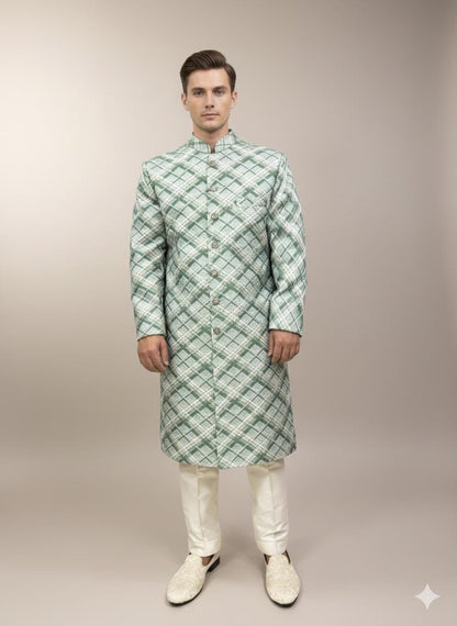 Green Check Silk Blend Sherwani Set: Indo Western Wedding Outfit