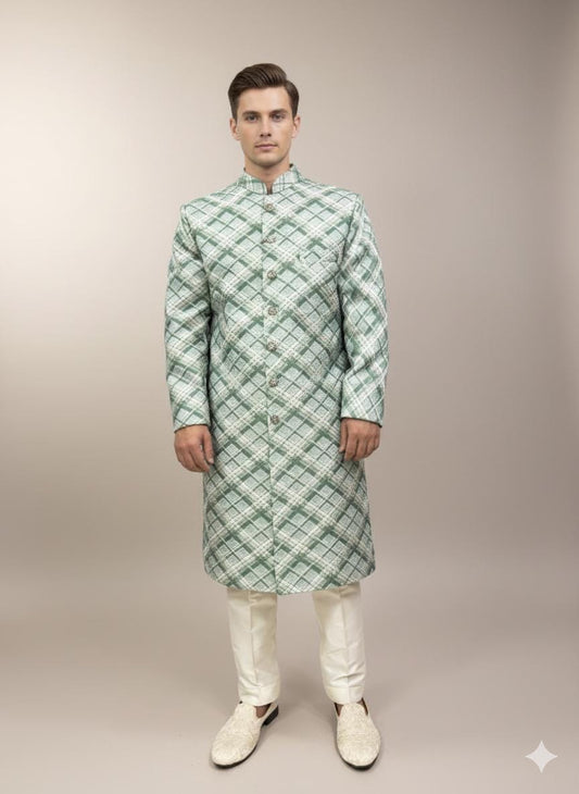 Green Check Silk Blend Sherwani Set: Indo Western Wedding Outfit