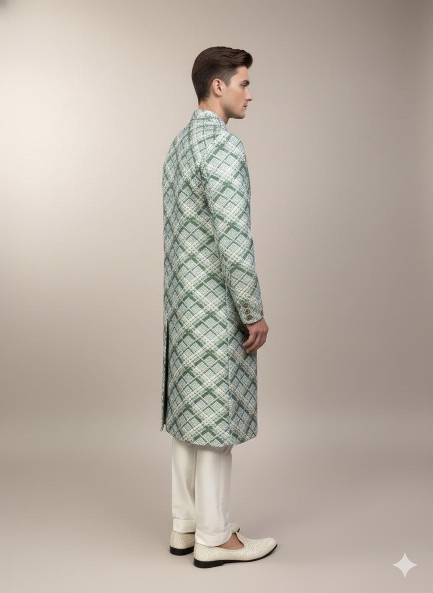 Green Check Silk Blend Sherwani Set: Indo Western Wedding Outfit
