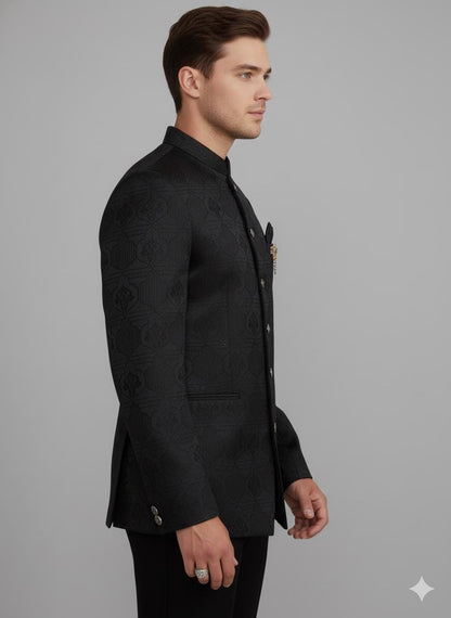 Men’s Black Silk Blend Bandhgala Jacket | Indo-Western Jodhpuri Wedding Coat