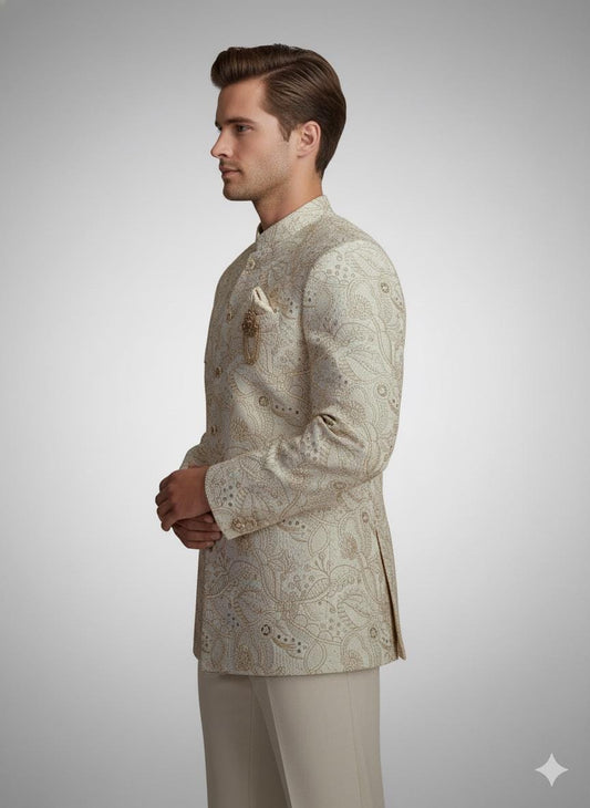 Men’s Cream Brocade Bandhgala Jacket | Embroidered Jodhpuri Wedding Groom Coat.