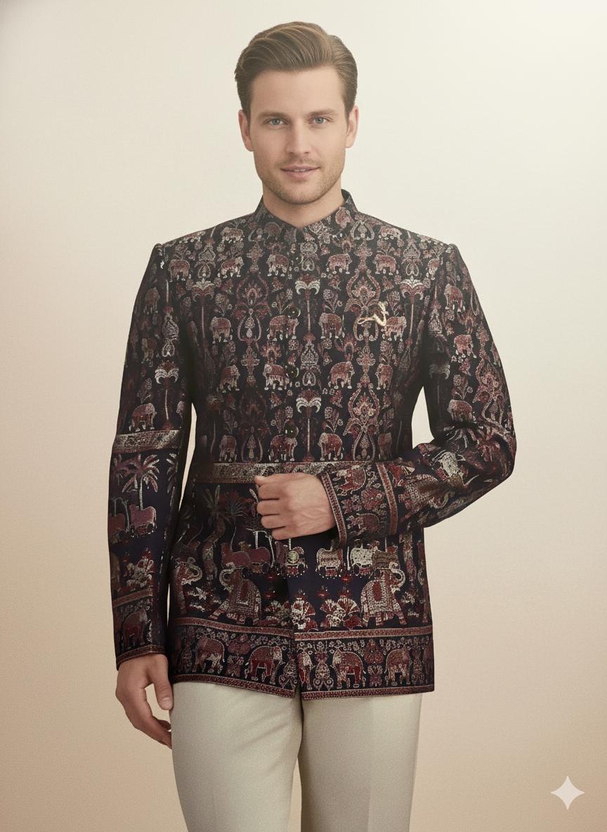 Men’s Elephant Motif Bandhgala Jacket | Silk Blend Brocade Indo-Western Wedding Coat.