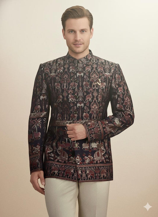 Men’s Elephant Motif Bandhgala Jacket | Silk Blend Brocade Indo-Western Wedding Coat.