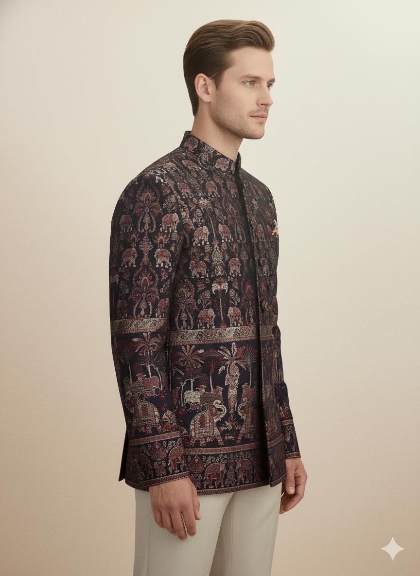 Men’s Elephant Motif Bandhgala Jacket | Silk Blend Brocade Indo-Western Wedding Coat.
