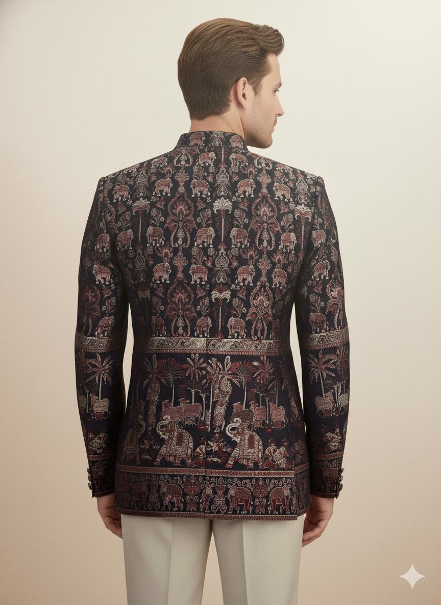Men’s Elephant Motif Bandhgala Jacket | Silk Blend Brocade Indo-Western Wedding Coat.