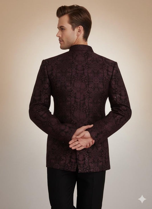 Men’s Plum Brocade Bandh gala Coat | Indian Wedding Sherwani Jacket | Jodhpuri Groom Outfit.