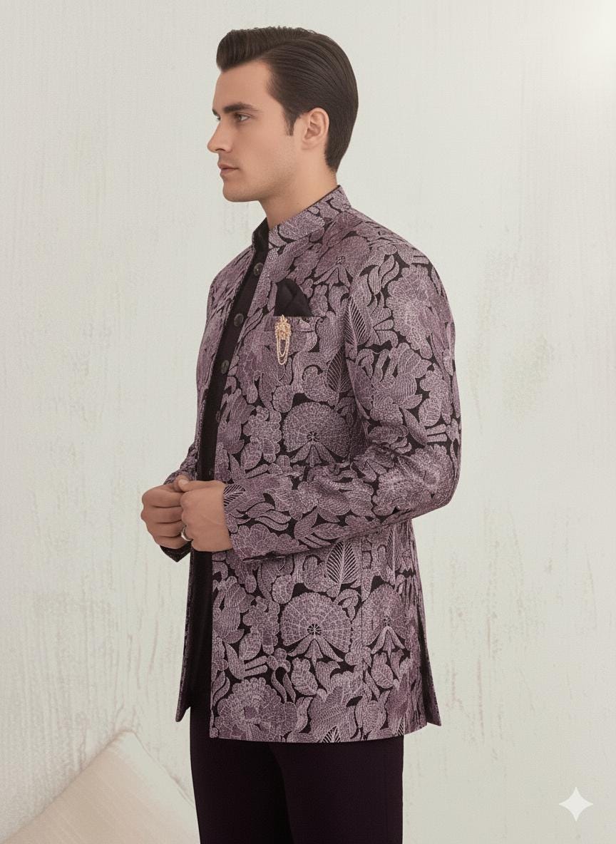 Men’s Lavender Floral Bandhgala Jacket | Silk Blend Jacquard Jodhpuri Wedding Coat.