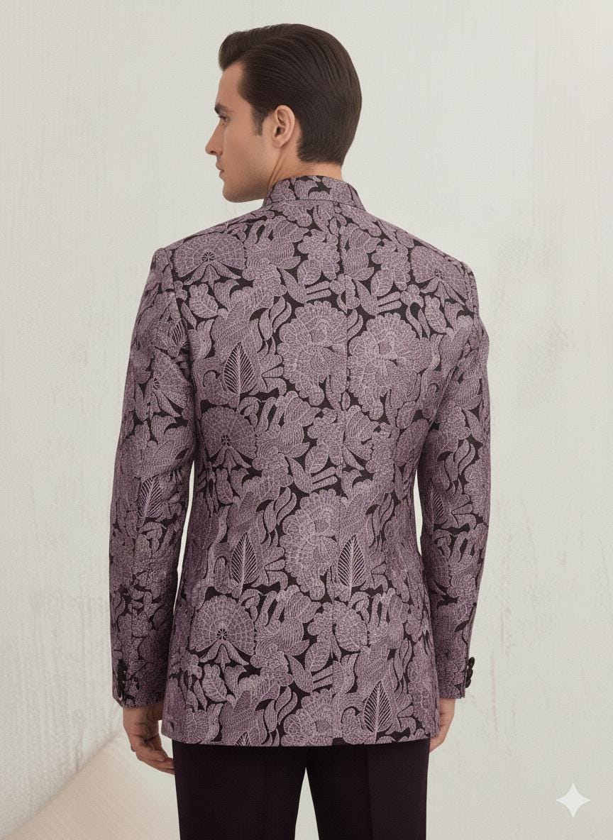 Men’s Lavender Floral Bandhgala Jacket | Silk Blend Jacquard Jodhpuri Wedding Coat.