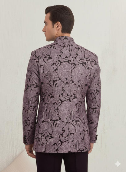 Men’s Lavender Floral Bandhgala Jacket | Silk Blend Jacquard Jodhpuri Wedding Coat.